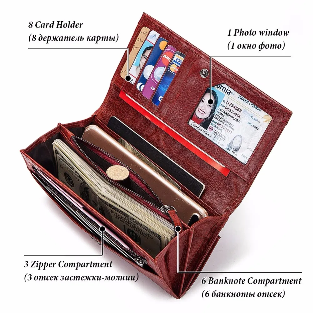 Длинный кошелек с Rfid защитой для женщин двойного сложения клатч из натуральной