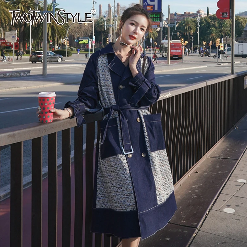 Женское джинсовое пальто TWOTWINSTYLE Осеннее повседневное с отложным воротником