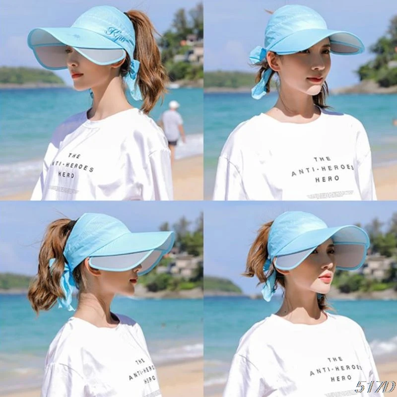 

Women Retractable Wide Brim Sun Visor Hat Empty Top Bowknot Cycling Baseball Cap New 2021