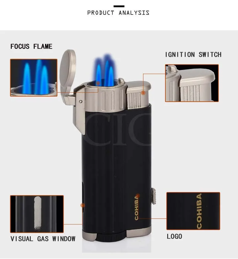 COHIBA карманные зажигалки для сигар 3 струйный фонарь ветрозащитная зажигалка бутан металлическая портативная Зажигалка для прикуривателя многоразовая W/Подарочная коробка