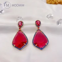 Ruby Crystal Real gold Plated Blue Luxury Earrings S925 Silver Pin Romantic Elegant Fully Shining Evening Party Jewelry
