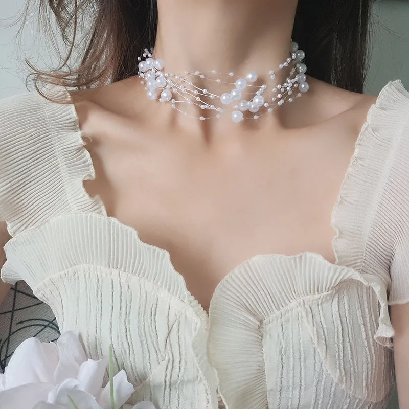 Luxy Pearl Choker Necklace Double Layer Chain Gold Metal Bow Knot Pendant Neck Jewelry Collar White Beads Bijoux Femme | Украшения и