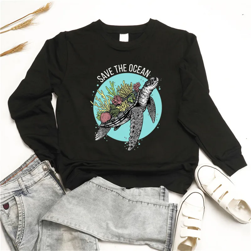 

SAVE THE OCEAN Letter Print Hoodies Colorful Coral Turtle Graphic Kpoip Sweatshirt Women Harajuku Ladies Plus Size Winter Hoodie