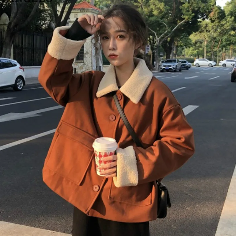 

French Renaissance Gentle Fairy Lambswool Jacket Autumn Winter Warm Thick Cotton Tweed Tops Lolita Loose Brown Short Coat Female