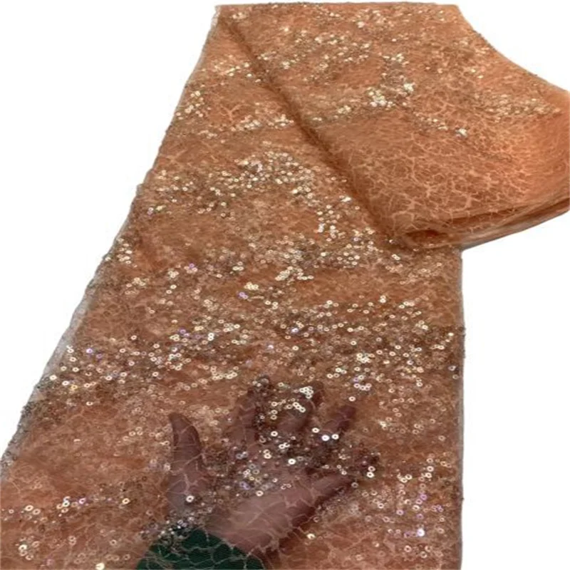 

Оранжевая кружевная ткань лучшего качества с блестками, кружевная ткань из бисера, нигерийская сетчатая кружевная ткань для свадебной вече...
