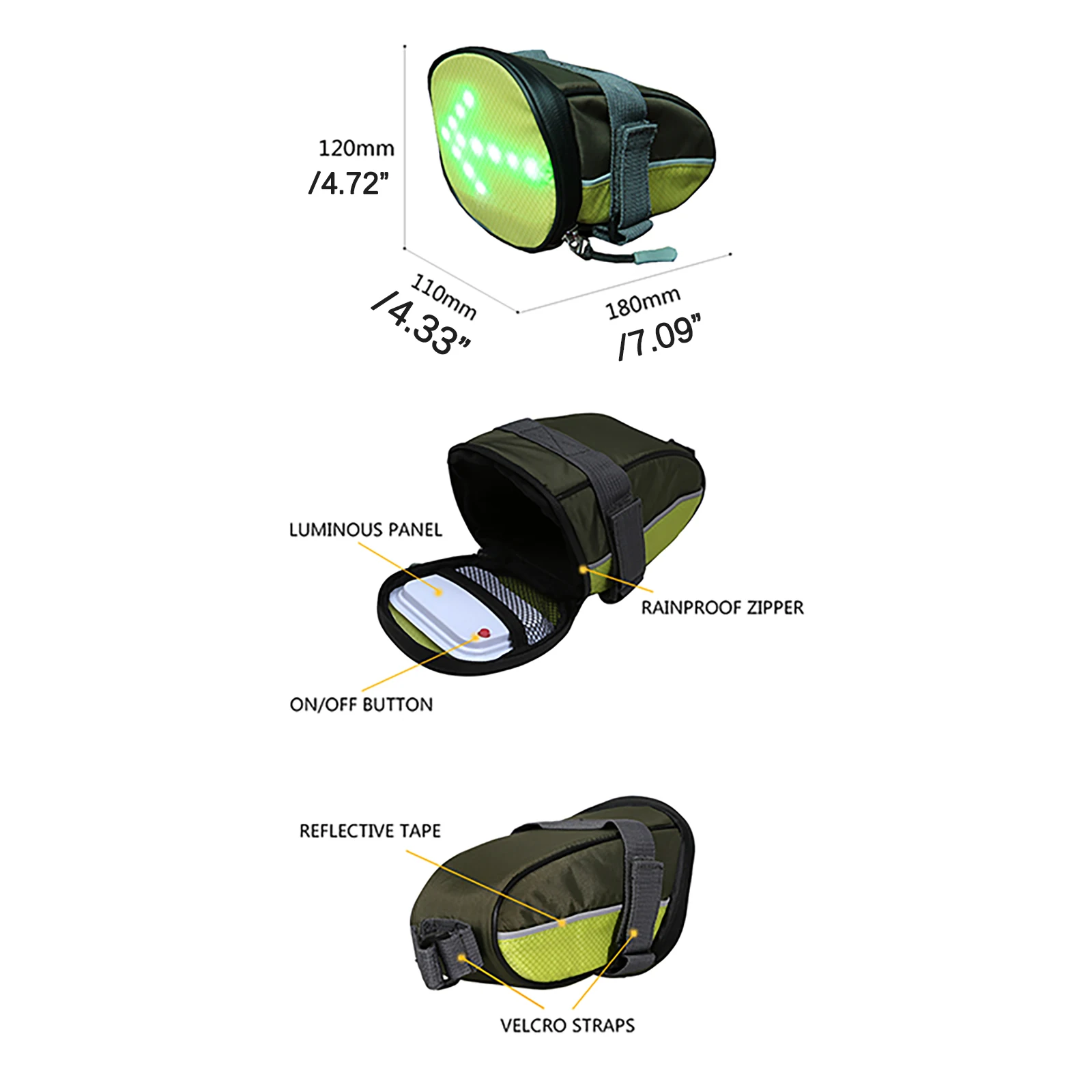 

LED Cycling Saddle Bag Bicycle Under Seat Bag With Reflective Turn Signal Direction Indicator Light & Wireless Remote Control