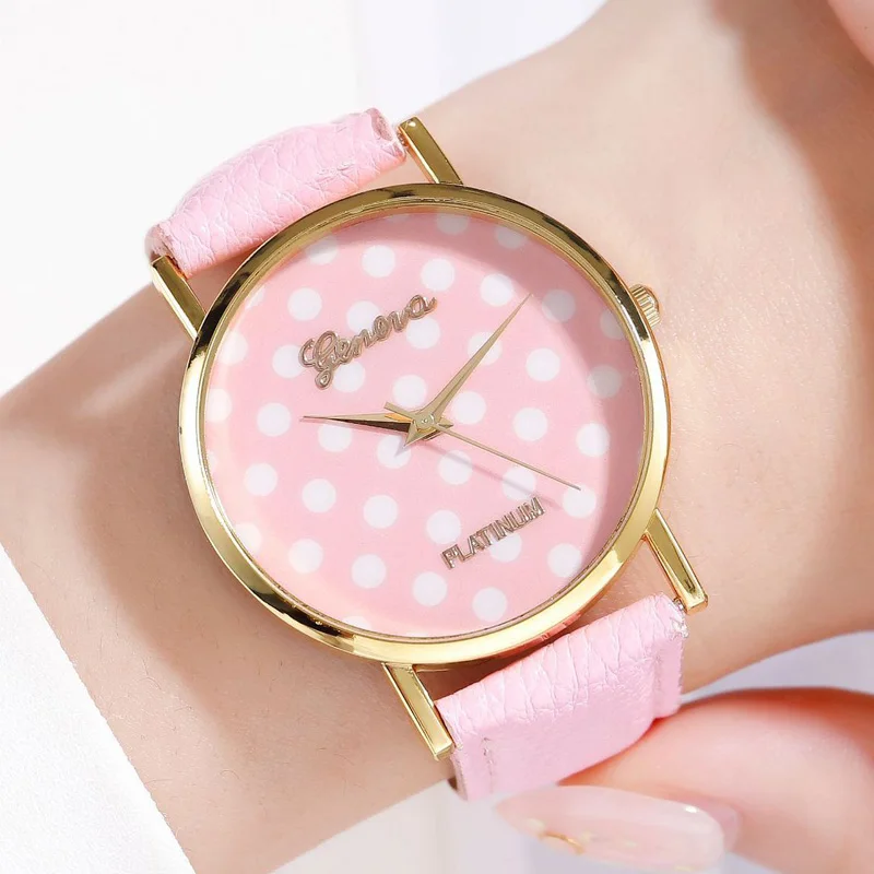Часы женские кварцевые в горошек с кожаным ремешком 2020 | Наручные часы