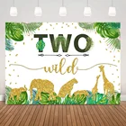 Два диких на день рождения фон для вечерние украшения Джунгли Лес новорожденных Животные 2nd на день рождения фон с зелеными листьями Фотокабины