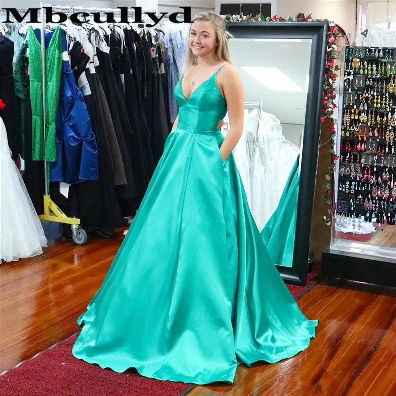

Mbcullyd Charming V-neck Evening Dresses Long 2020 Formal Satin Graduation Party Gowns With Pocket Plus Size Robe De Soiree