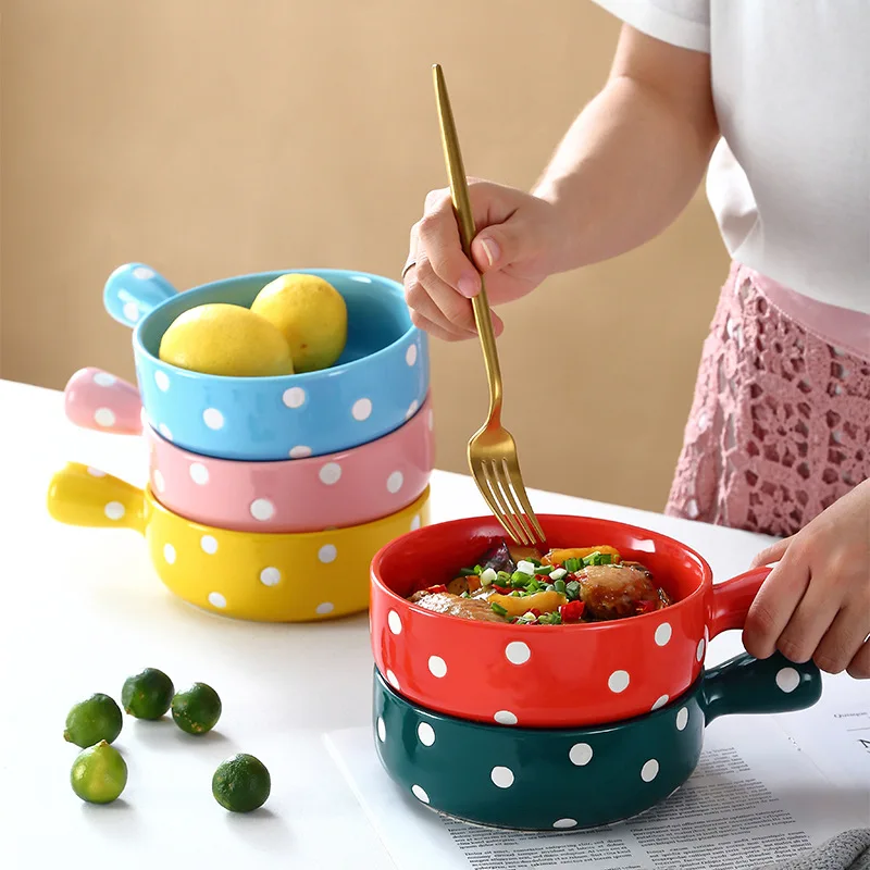 

Creative wave point handle bowl with Nordic ins style ceramic baking bowl custom salad pasta baked rice breakfast bowl