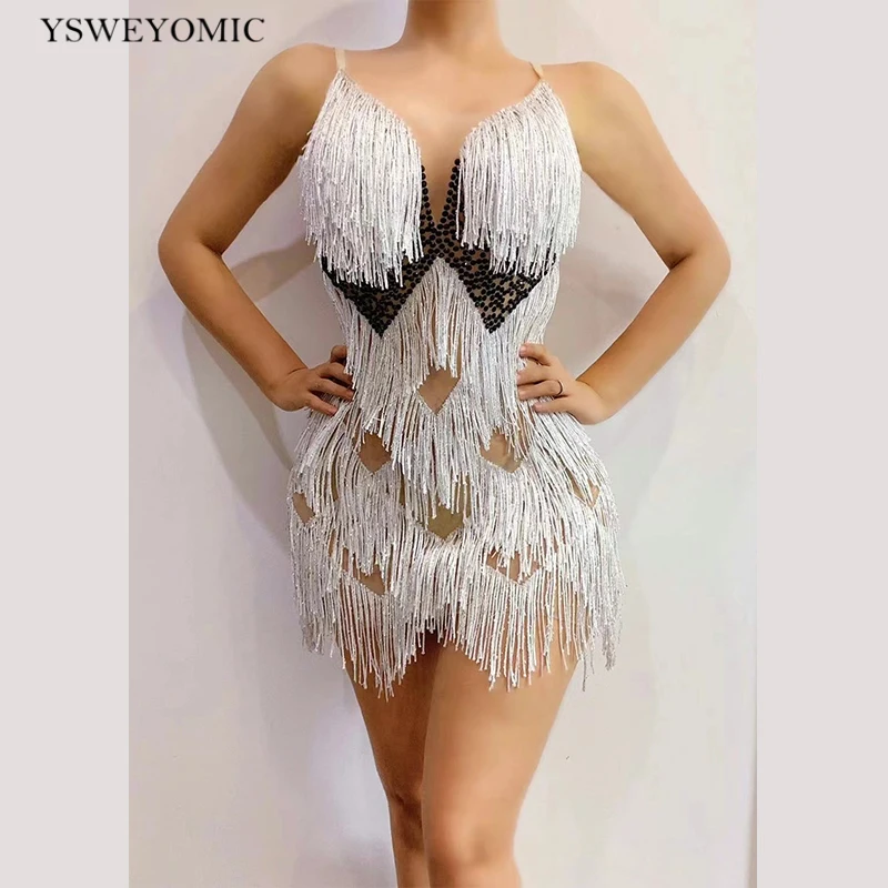 

White Fringe Black Rhinestone Transparent Mesh Short Dress Women Dancer DS Bar Club Outfit Birthday Celebrate Prom Dress