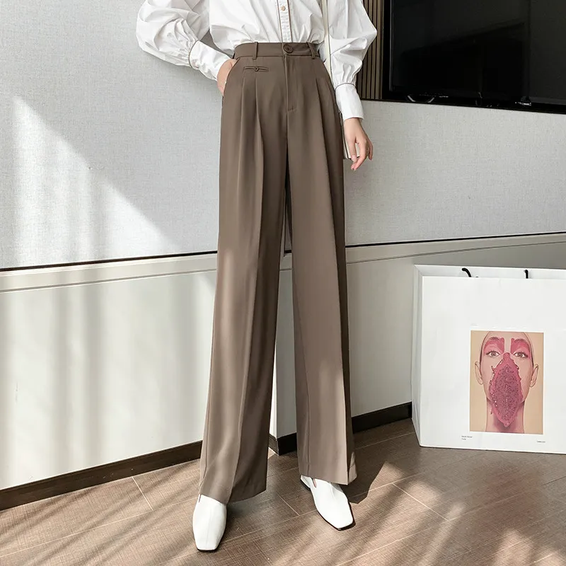 

High Street Casual Ladies Pleated Wide Leg Pants Fashion Loose High Waist Spring Women Trousers Solid Elegant Suit Pants
