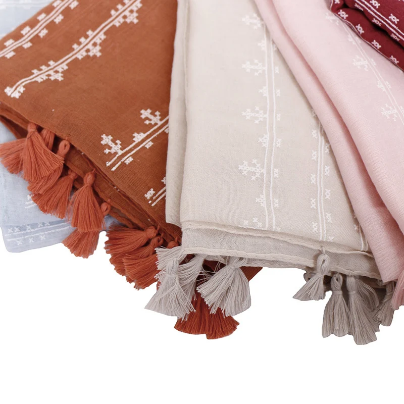 Вышитый хлопковый шарф-шаль с бахромой, вискозный хиджаб от индийских гладких хлопковых шарфов и оберточных платков, фуляр, сяль, мусульманский бандана.