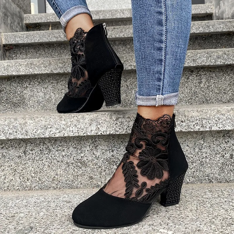 

LLOGAI Women's Shoes Fashion Women High Heels Peep Toe Lace Flower High Heel Net Surface Hollow Out Sandals Zapatillas Mujer