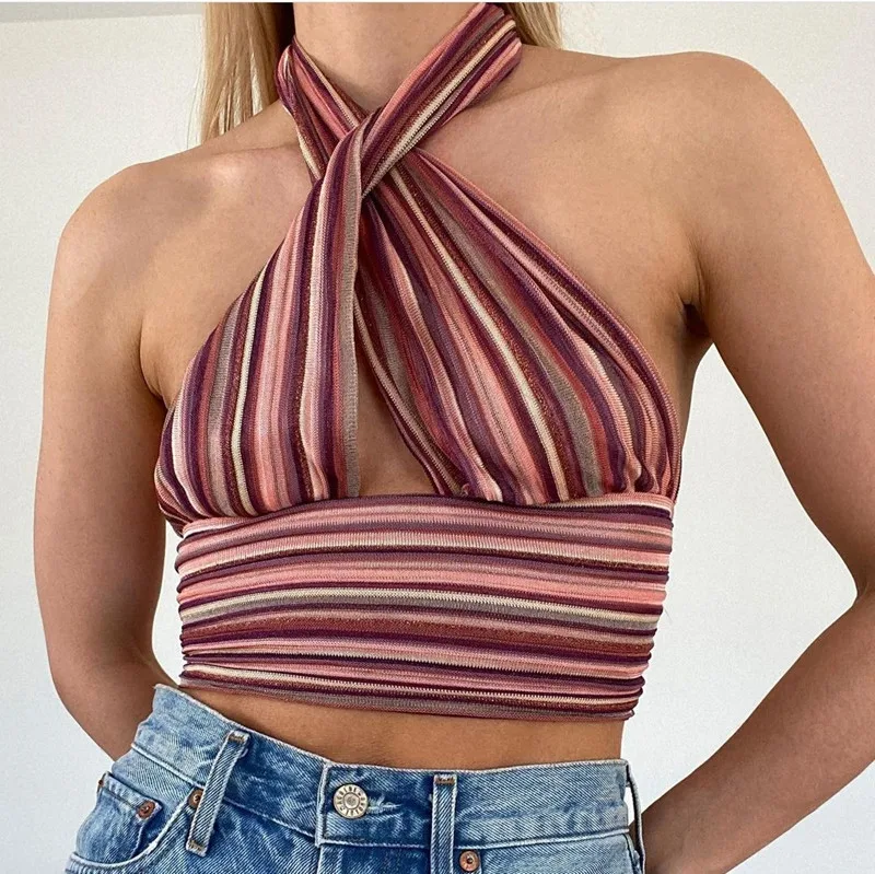

Sexy Summer Camis Women Hollow Out Bandage Striped Vest Cross Tied Hanging-Neck Sleeveless Backless Crop Tops Skinny Clubwear