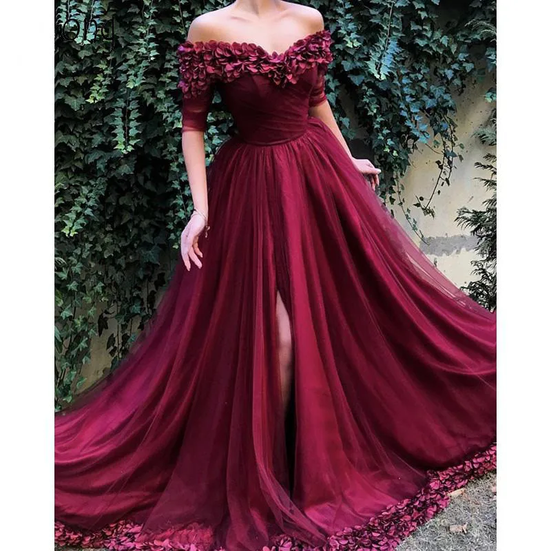 

Женское вечернее платье-трапеция, элегантное Бордовое платье с открытыми плечами, полурукавами, разрезом по бокам и аппликацией, бальное пл...