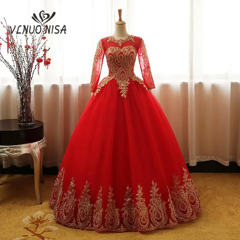 Fashion Vintage Sweet 2021 Free Shipping Lace Red Blue Black Wedding Dress Long Sleeve Plus Size Bridal Ball Gown Robe de Mariee | Свадьбы и