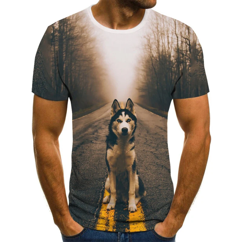 

Summer T shirt Men Streetwear Round Neck Short Sleeve Tees Tops Funny Animal Male Clothes Casual Wolf 3D Print Tshirt
