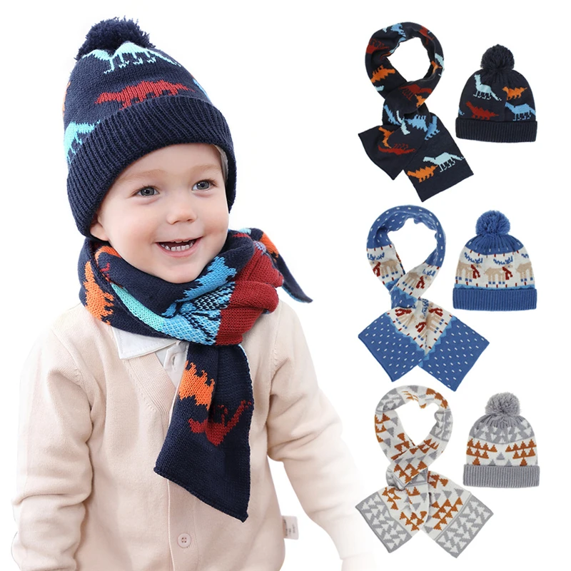

European Winter Knitted Hats Kids Cartoon Cap 2021 Christmas Gift Baby Boys Girls Thicken Cap+Scarf Set 2pcs Children Beanie Hat