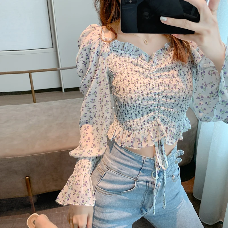 

Women Ruffles Slash Neck Stretchy Chiffon Blouse Shirts Tee Girls Full Flare Sleeve Printed Floral Blouses shirts Tops Female