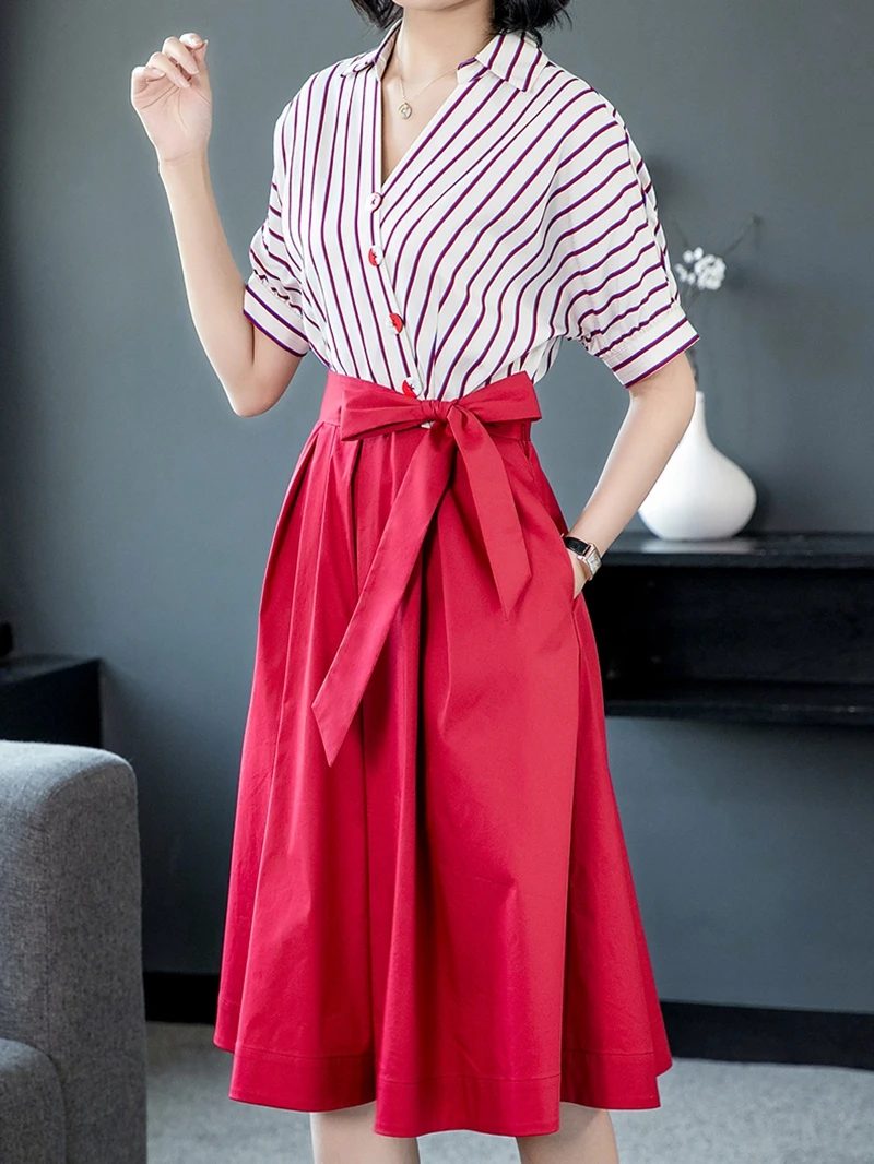 Платье-рубашка женское в полоску офисное длинное платье миди с полурукавами