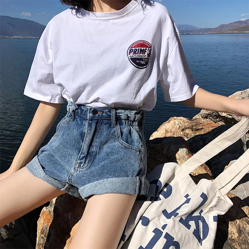 VIRITE женские джинсовые шорты широкие высокая талия джинсы короткие синие