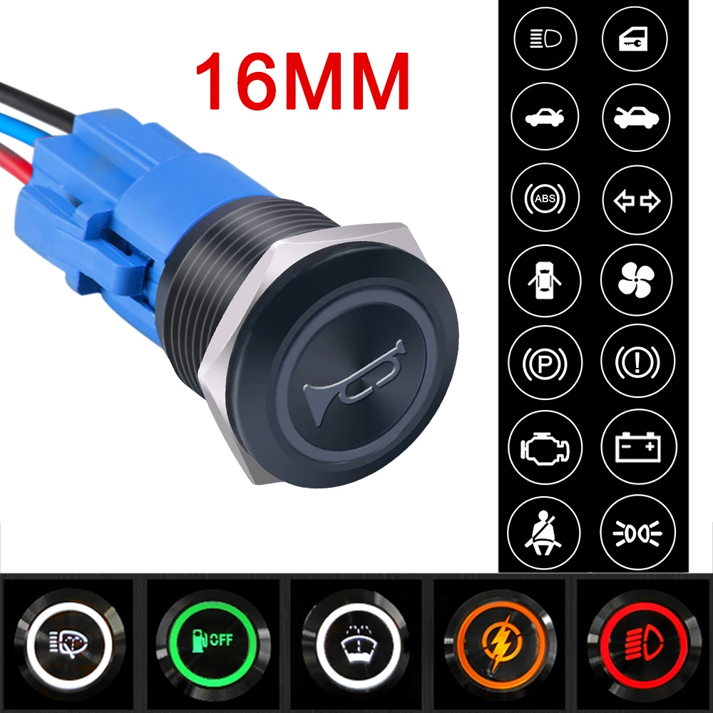 16mm Black Metal Shell Push Button Switch LED Ring Custom Pattern Car DIY ON/Off for 5/8 Inch Mounting Hole Red Green Blue White |