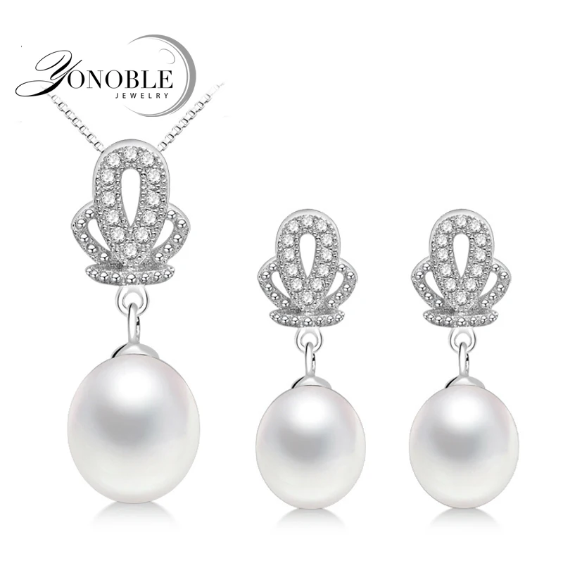 white pearl set Настоящий речной натуральный жемчуг набор для женщин, свадебные 925 серебряные серьги наборы прекрасное ювелирное дело подарок - Цвет камня: white pearl set