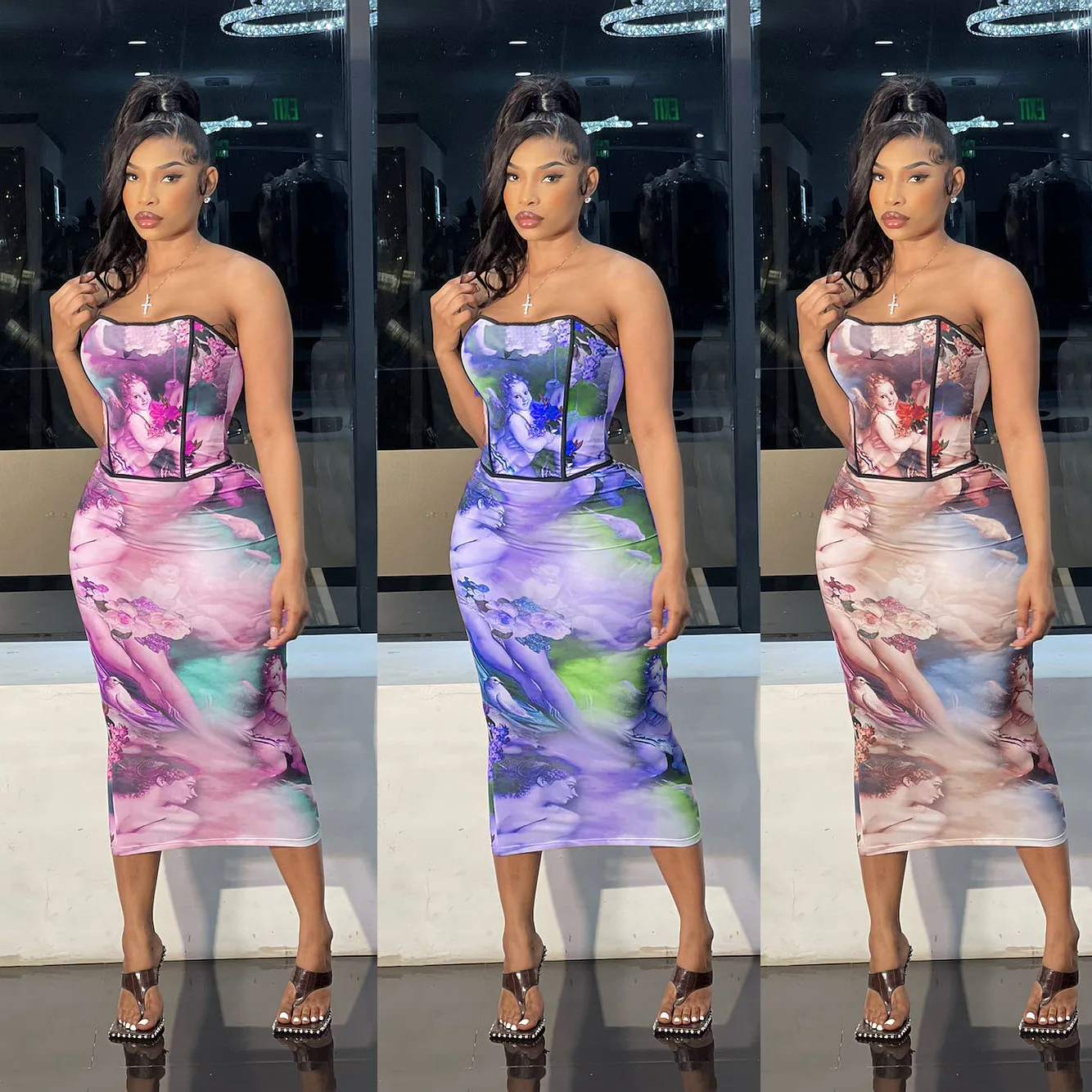 

Fashion Print Two Piece Set Dress Strapless Crop And Midi Skirt Women Fitness Sexy Club Party Outfits Bodycon Matching Set