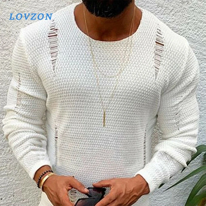 

LOVZON White Color Sweater Cotton Soft Male Winter Warm Knit Clothes Casual Cool Pullover Round Neck Long Sleeve Men Sweater