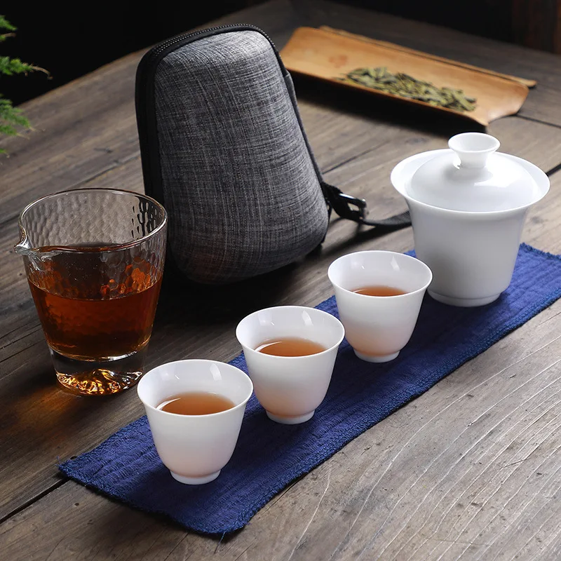 

White ceramic teapot gaiwan porcelain tea sets 3 cups a tea sets teacups a portable travel tea set drinkware Free shipping B34