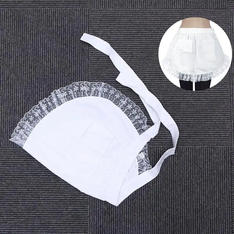 Хлопковый кружевной Короткий Фартук с карманами для горничной (белый)|Фартуки| |