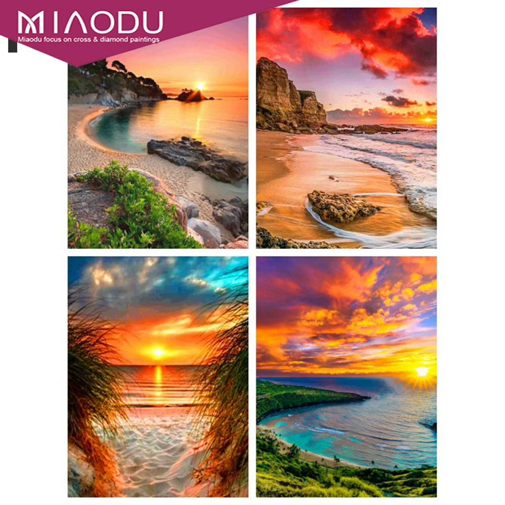 

Miaodu 5D Diamond Painting Seaside Landscape Cross Stitch Diamond Embroidery Sunset Decoration For Home Wall Stickers