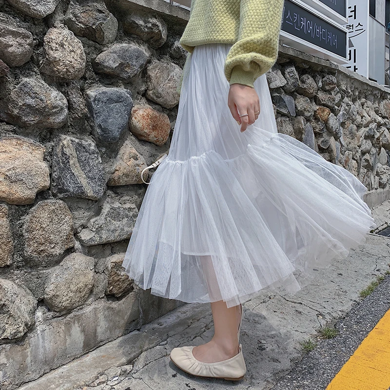 Осенняя Женская юбка сказочная сетчатая фатиновая плиссированная многослойная