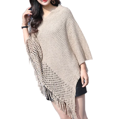 

Women's Batwing Sleeve Asymmetric Pullovers Sweater Knitted Shawl Poncho Coat Crotchet Wrap Cape Fringed Khaki Grey Red White