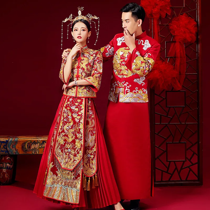 Китайское традиционное свадебное платье Cheongsam дракон феникс одежда Qipao вышивка красный атлас топы для женщин Золотая Парча Платье