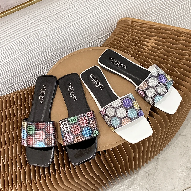 

Spring Summer Casual Shoes Chaussures Beach Rome Style Retro Outdoor Flat Heel Open Toe Slipper Women Bling Crystal Slippers