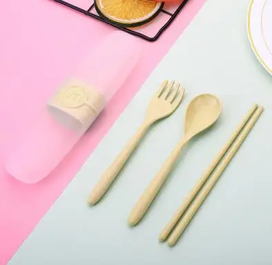 Wheat straw 1 комплект портативный набор посуды из нержавеющей стали с ящиком для хранения Чехол для столовых приборов палочки для еды ложка, вилка для фруктов посуда для путешествий - Цвет: Wheat straw