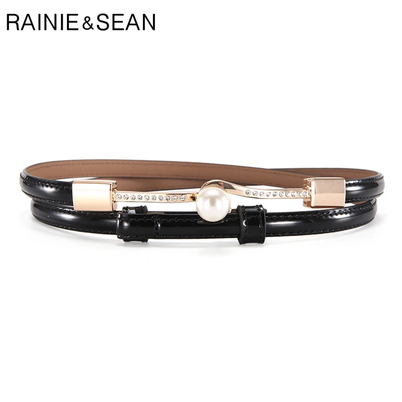 

RAINIE SEAN Women Belt Thin Fashion Pearl decoration Thin Dress Belt Adjustable Black White Blue Red Gold Ladies Strap