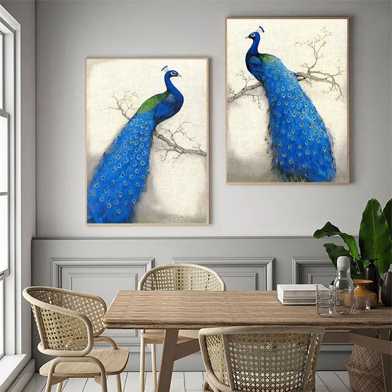 

Elegant Poetry Retro Style Blue Peacock Standing On The Tree Canvas Painting Art Print Poster Picture Wall Elegant Home Decor