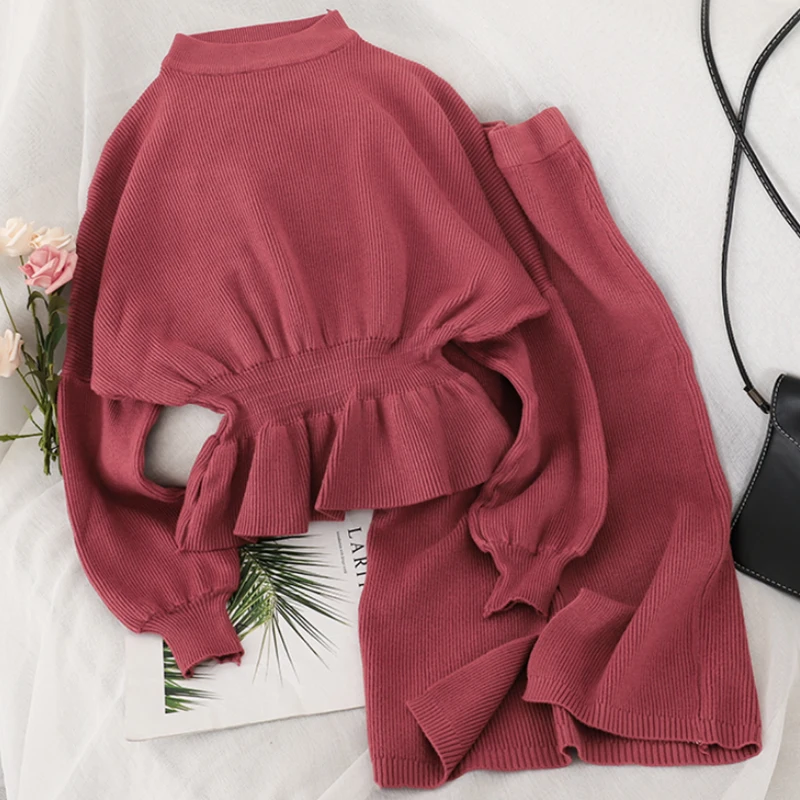 

New Women Sweater Two Piece Sets Spring Autumn Batwing Sleeve Ruffles Pullover Wrap Skirt Outfits Woman Elegant Knitt Clothing