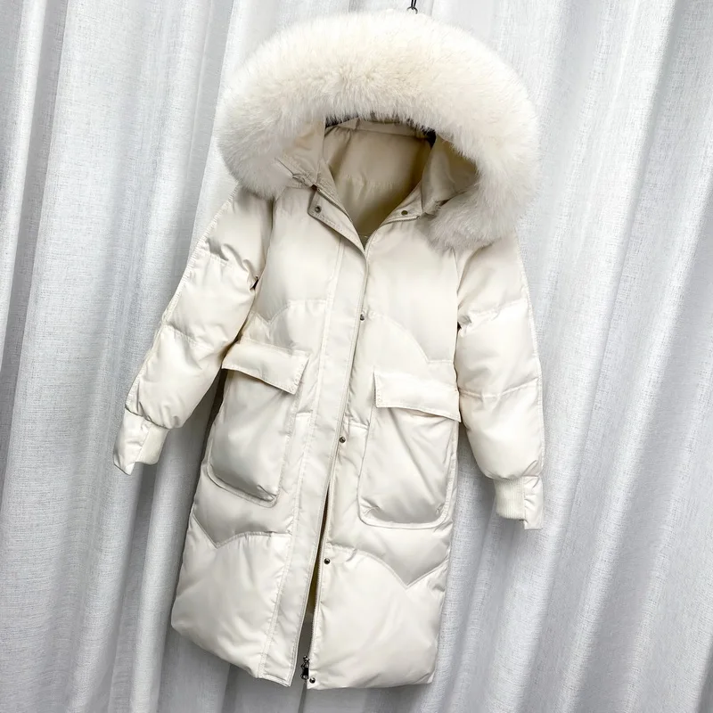 

2021 Winter Women Hooded Big Real Fox Fur Collar Down Jacket Female Long White Duck Down Coat Windbreak Thick Warm Snow Outwear
