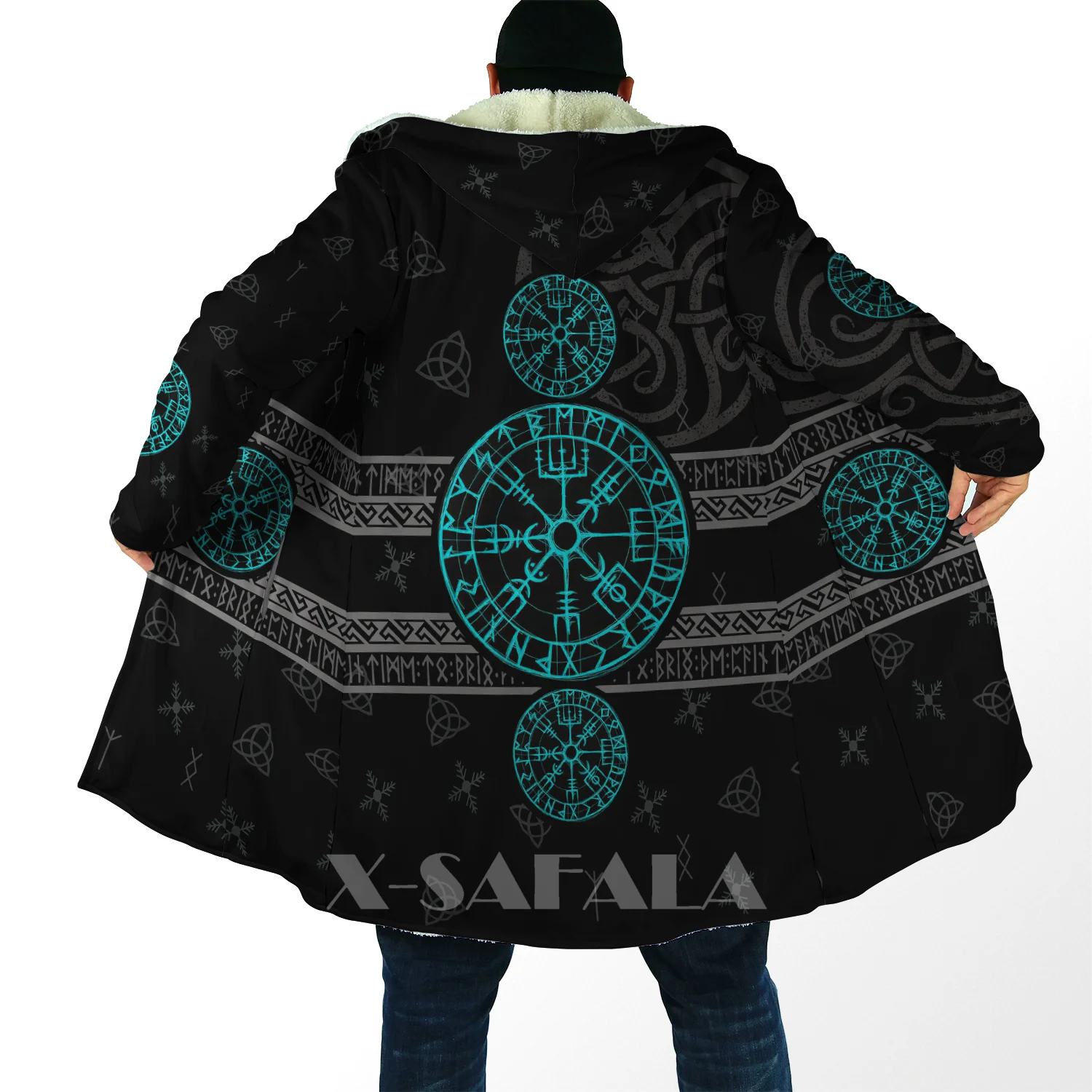 

Thick Warm Hooded Cloak for Men Tattoo Symbol Viking Armor Overcoat Coat Print Warm Windproof Fleece Unisex Casual-A24