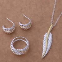 925 silver wedding jewelry women lady girl color separation feather pendant necklace stud earrings ring silver color jewelry set