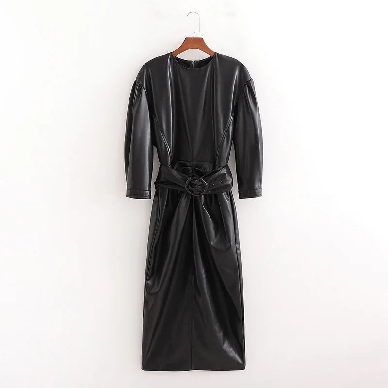 

New Women Elegant Pu Leather Pencil Dress Vintage Sashes O Neck Long Sleeve Black Slim Dress Party Holiday Chic Dress
