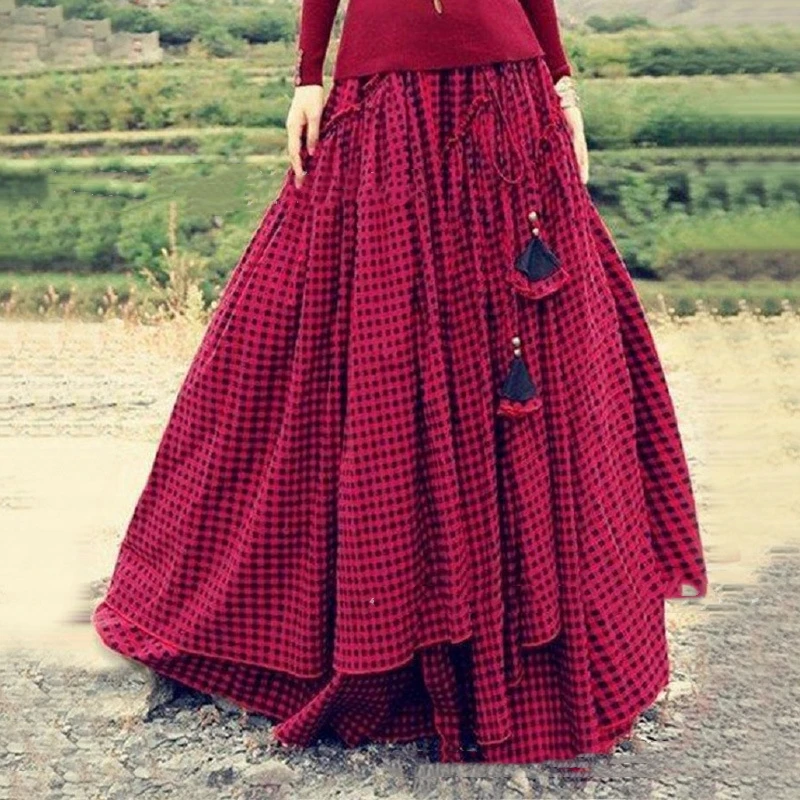 

Vintage Long Skirts Women Plus Size Empire A-Line Irregular Big Swing Plaid Print Womens Maix Skirt Lugentolo