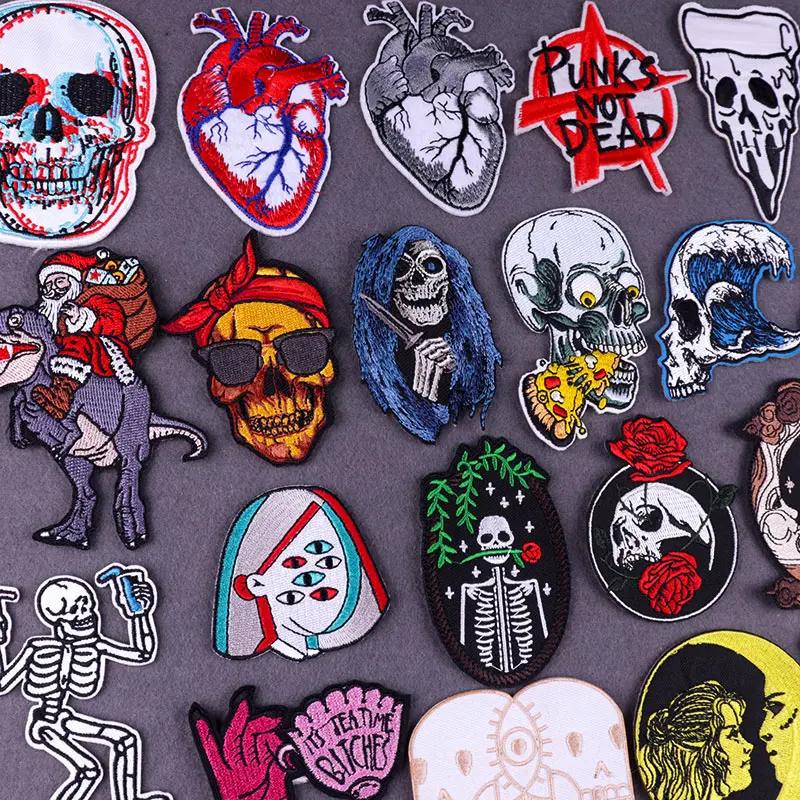 

Punk Heart Skeleton Embroidered Patches On Jackets Clothes Hippie Rock Skull Patch Iron On Pathes For Clothing Stickers Badges