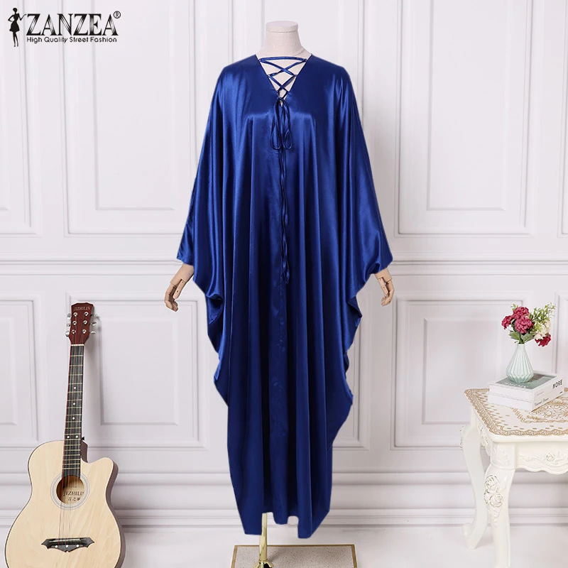 

Plus Size Spring Autumn Loose Maxi Vestidos Bohemian Women's Satin Dresses ZANZEA 2021 Fashion Casual Solid Holiday Robe Femme