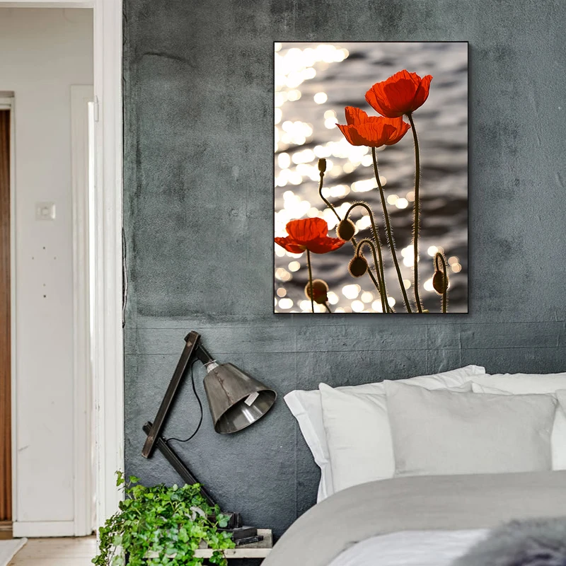 Картина маслом на холсте пейзаж с дикими красными цветами маками Современная