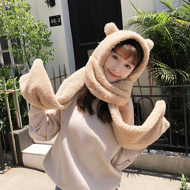 beige Г. Glaforny зимний теплый интегрированный однотонный плюшевый шарф с милыми ушками медведя двойной Встроенный Теплый головной убор Женская шаль - Цвет: beige